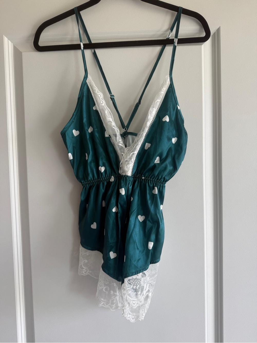 New Green Satin Intimate Satin Lace Pajama with hearts XS very small